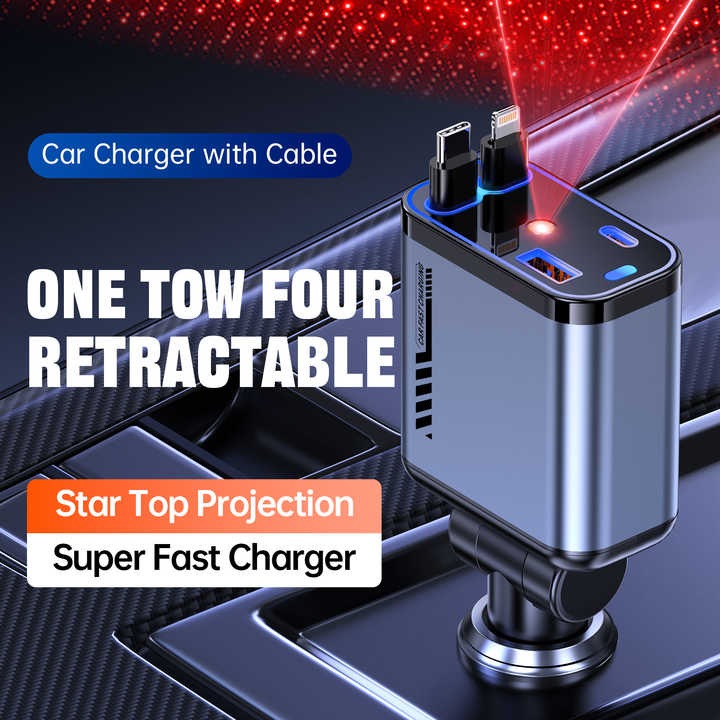 Retractable Car Charger – 66W Fast Charging with Dual Built-in Cables