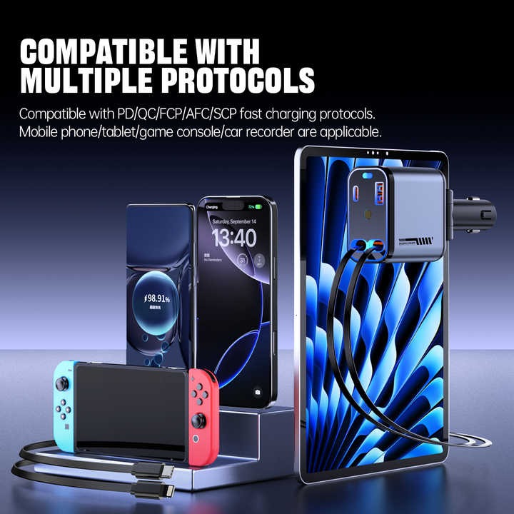Retractable Car Charger – 66W Fast Charging with Dual Built-in Cables