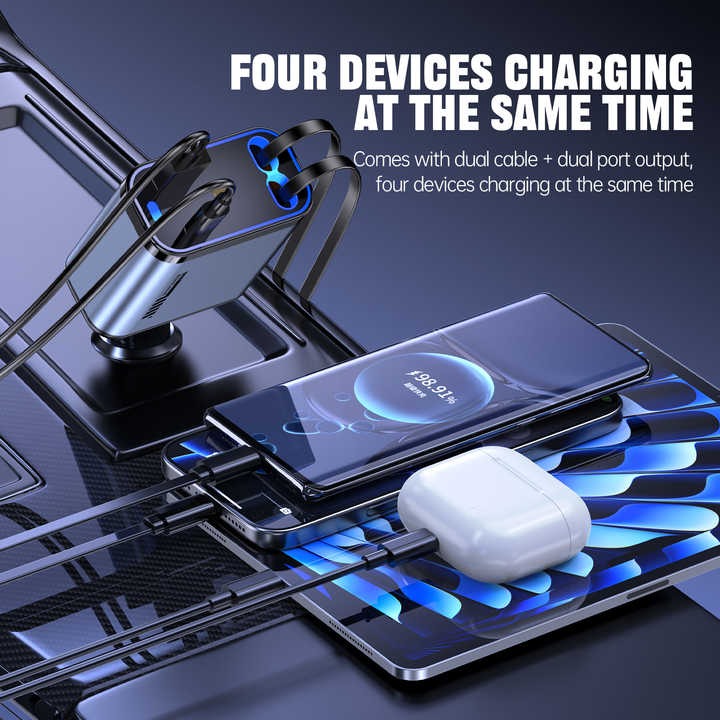 Retractable Car Charger – 66W Fast Charging with Dual Built-in Cables