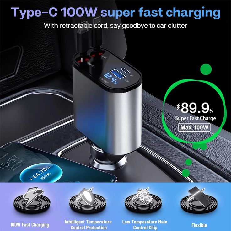 Retractable Car Charger – 66W Fast Charging with Dual Built-in Cables
