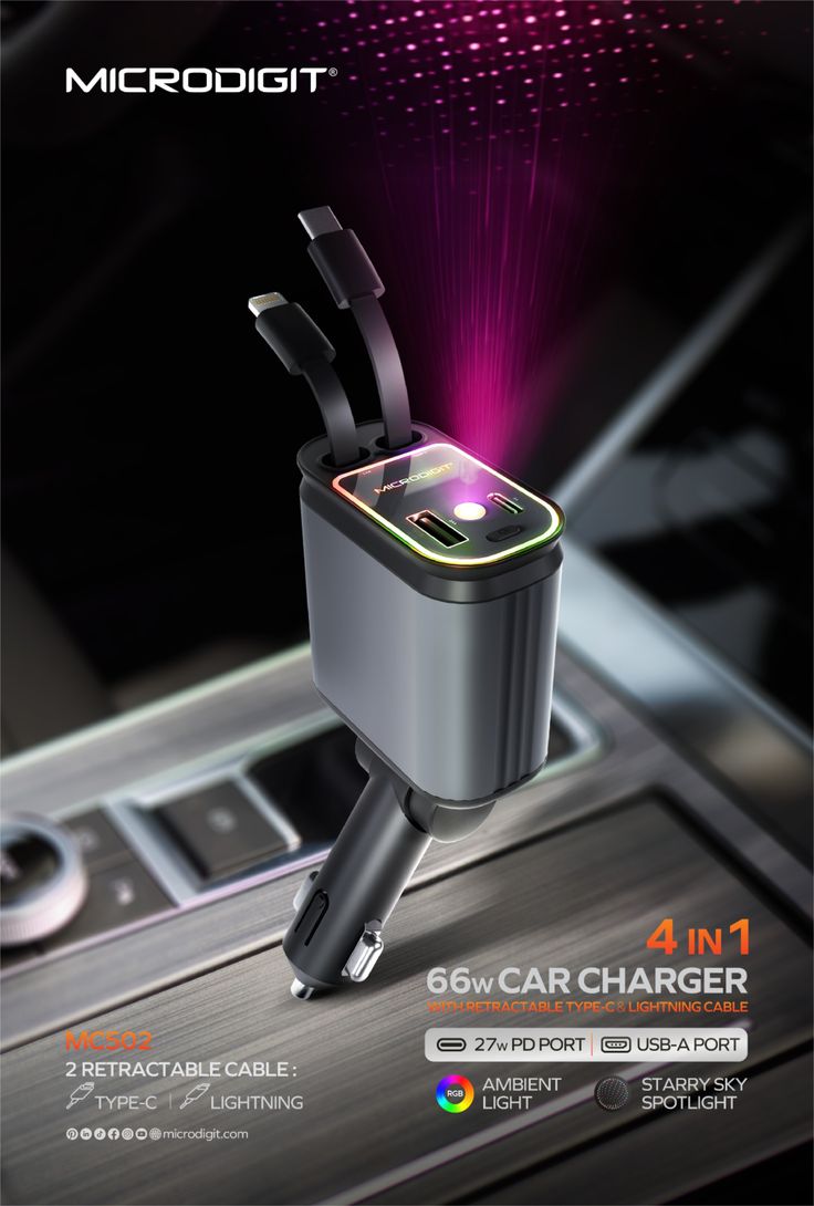 Retractable Car Charger – 66W Fast Charging with Dual Built-in Cables