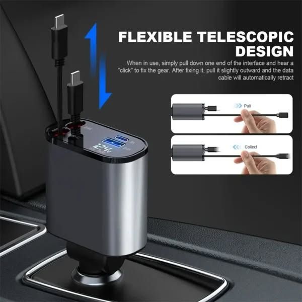 Retractable Car Charger – 66W Fast Charging with Dual Built-in Cables